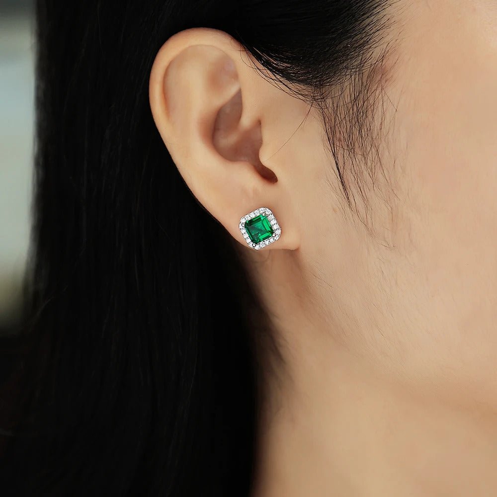 Emerald & Moissanite Stud Earrings 925 Silver – 6×6mm Octagonal Lab Emerald | Charmsolo
