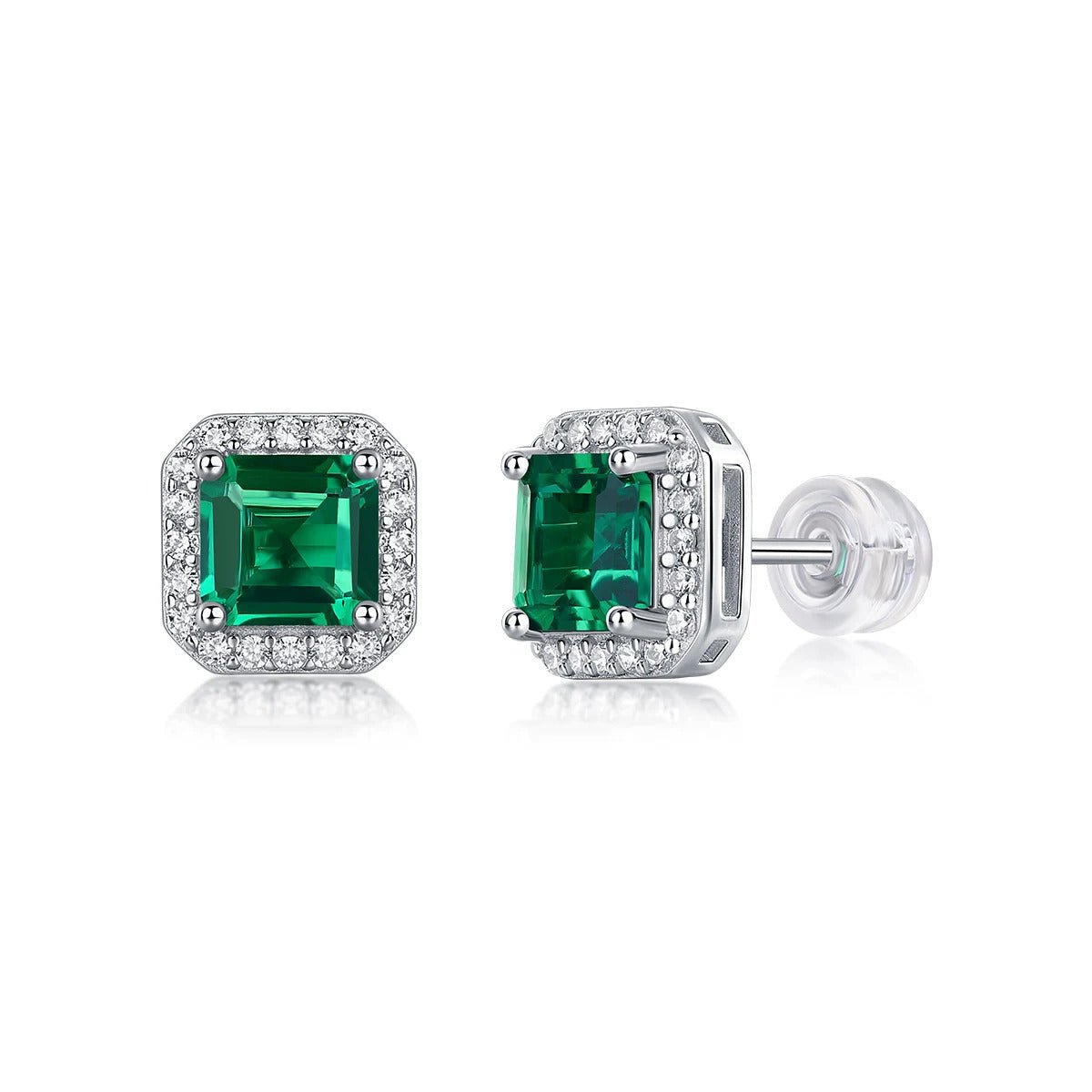 Emerald & Moissanite Stud Earrings 925 Silver – 6×6mm Octagonal Lab Emerald | Charmsolo