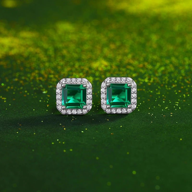 Emerald & Moissanite Stud Earrings 925 Silver – 6×6mm Octagonal Lab Emerald | Charmsolo
