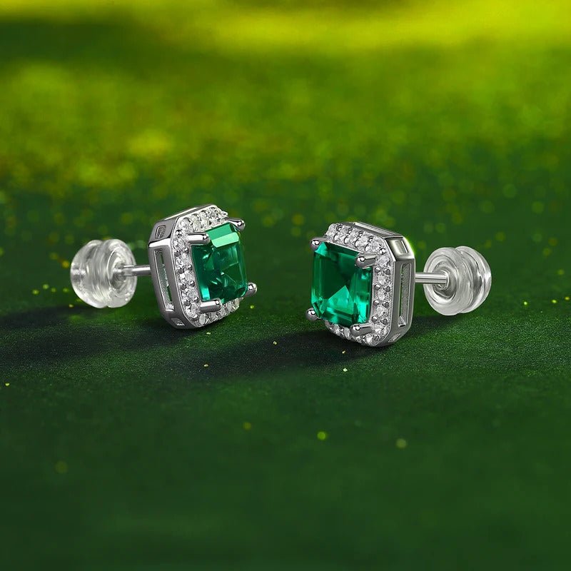 Emerald & Moissanite Stud Earrings 925 Silver – 6×6mm Octagonal Lab Emerald | Charmsolo