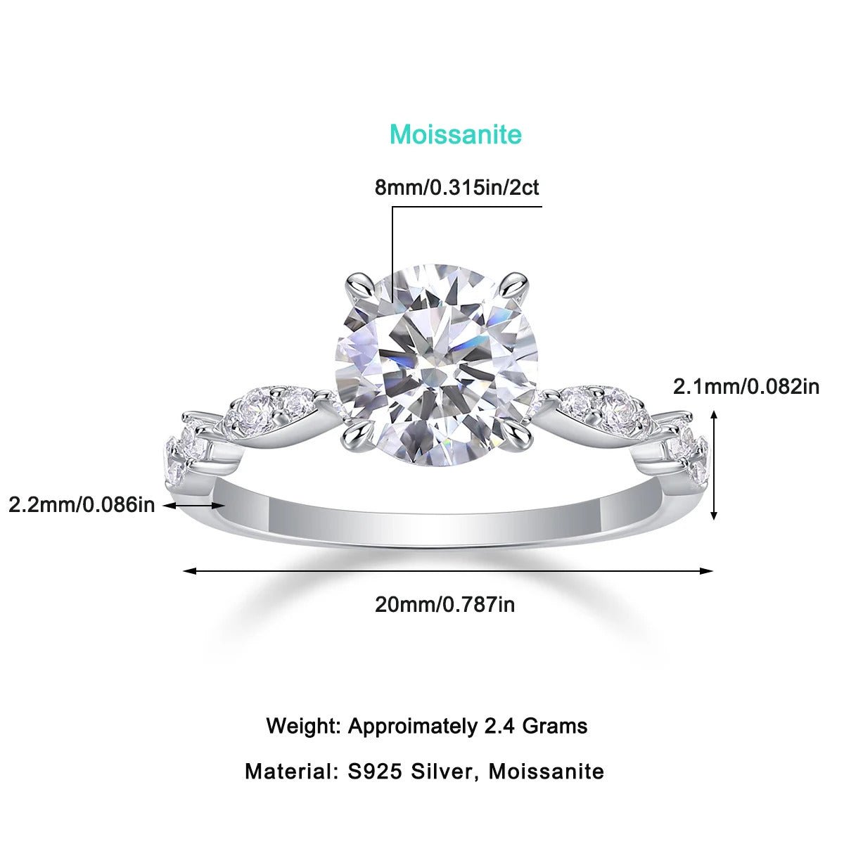 925 Sterling Silver Moissanite Ring | 2 Carat VVS1 D Color Prong Setting | Charmsolo R13622