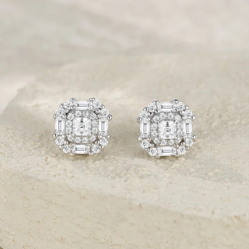 Moissanite Square Halo Stud Earrings 925 Silver – VVS1 D Color | Charmsolo