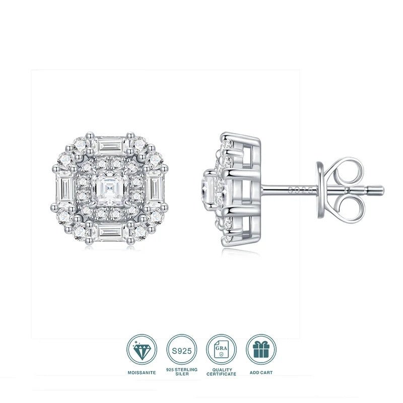 Moissanite Square Halo Stud Earrings 925 Silver – VVS1 D Color | Charmsolo