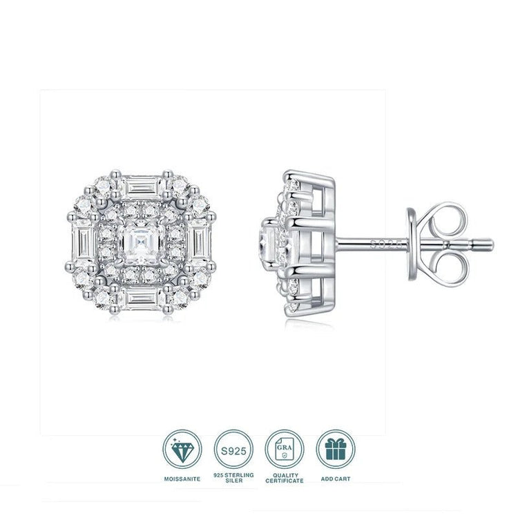 Moissanite Square Halo Stud Earrings 925 Silver – VVS1 D Color | Charmsolo