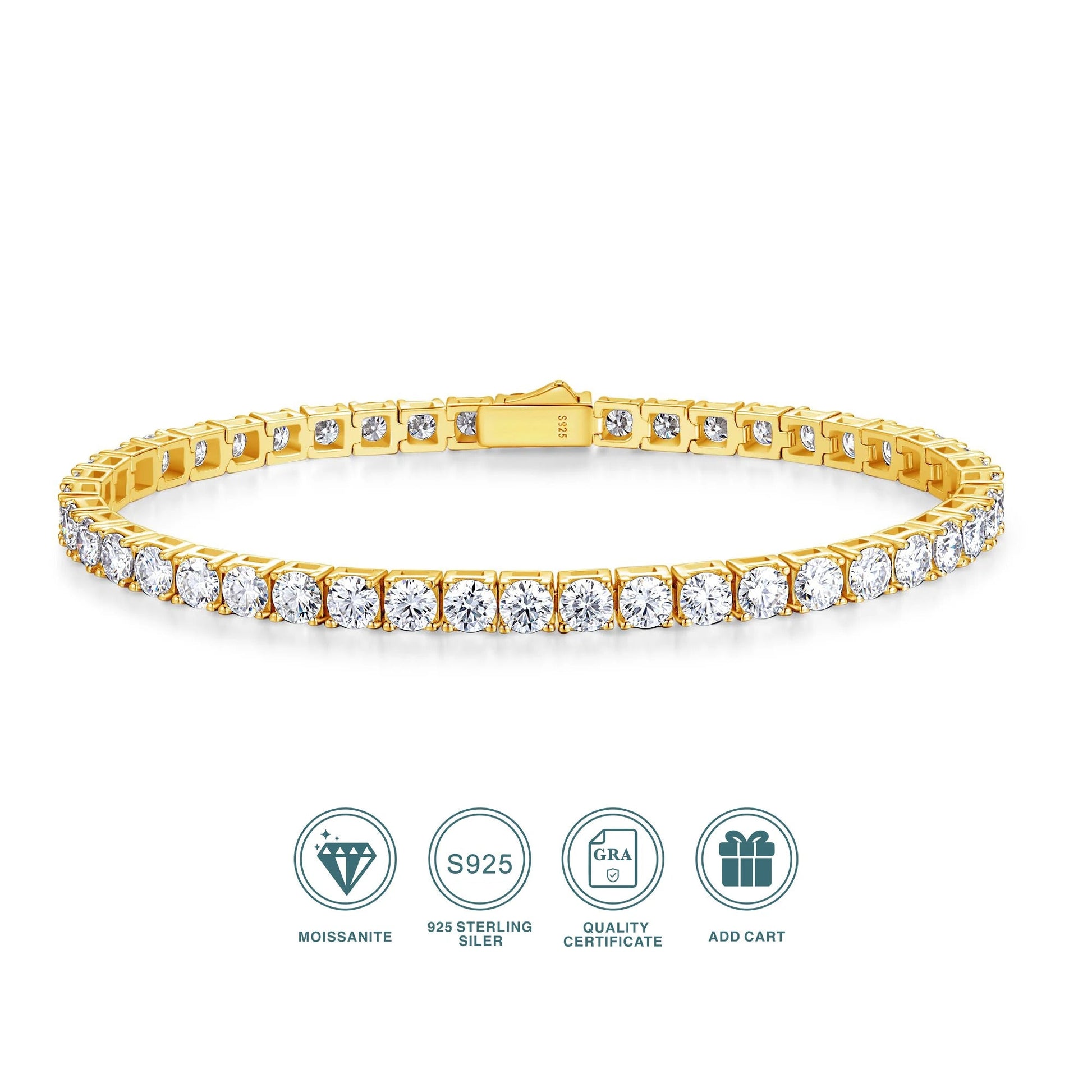 Charmsolo Moissanite Tennis Bracelet | S925 Silver 3-Color Plated | VVS1 D Color 4mm 8H8A Cut 4.7–5.9Ct Unisex | L12759