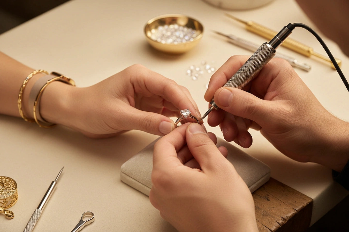 Fine jewelry workshop with moissanite stones and precision tools - Charmsolo handcrafted rings