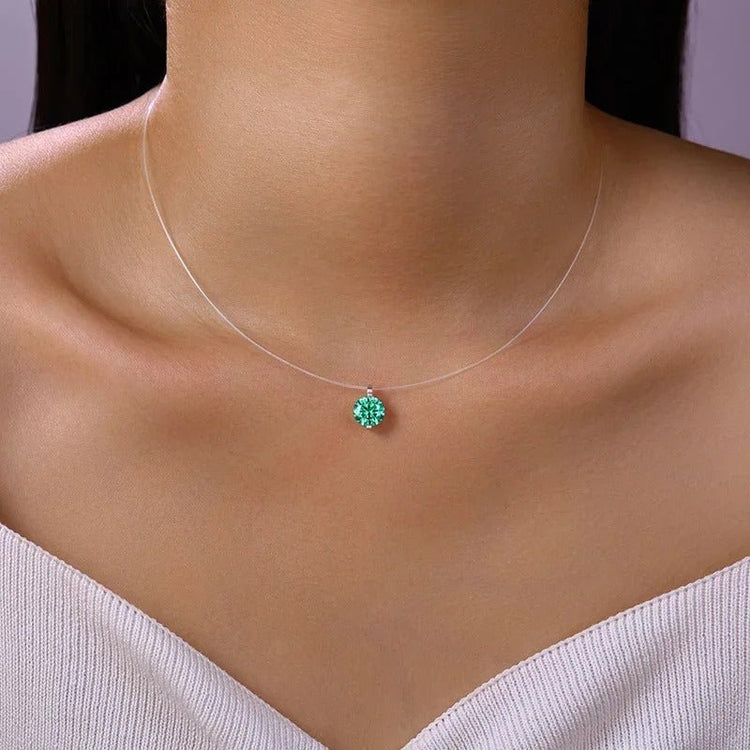 Aqua Blue Moissanite Pendant Necklace | S925 Silver 18K Gold Plated | Invisible Wire | Minimalist | Charmsolo