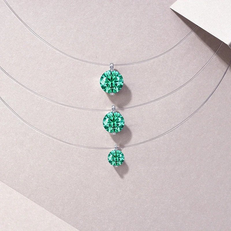 Aqua Blue Moissanite Pendant Necklace | S925 Silver 18K Gold Plated | Invisible Wire | Minimalist | Charmsolo