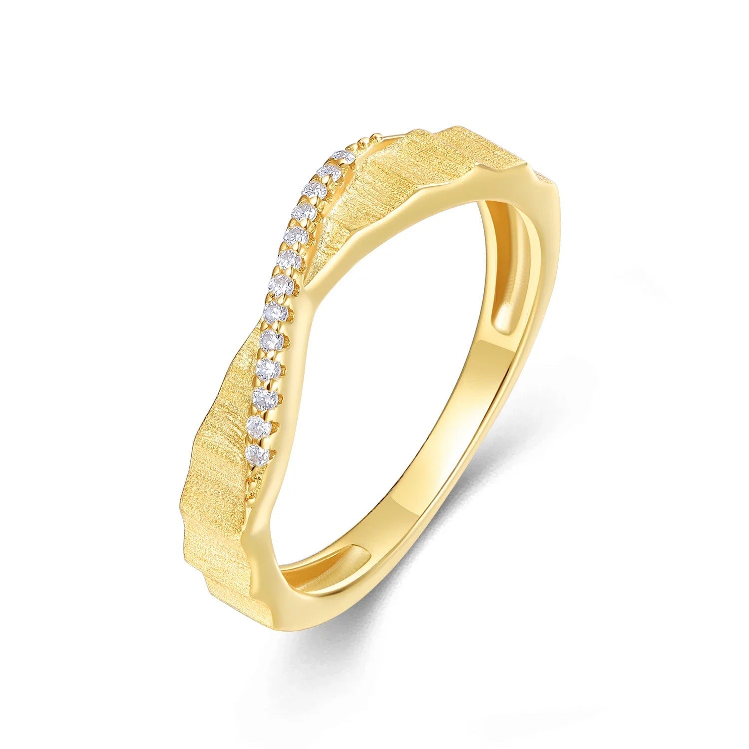 Bamboo Zigzag Moissanite Pavé Ring | S925 Silver 18K Gold Plated | 14 VVS1 Eight Hearts & Arrows | Textured Band | GRA Certified | Charmsolo