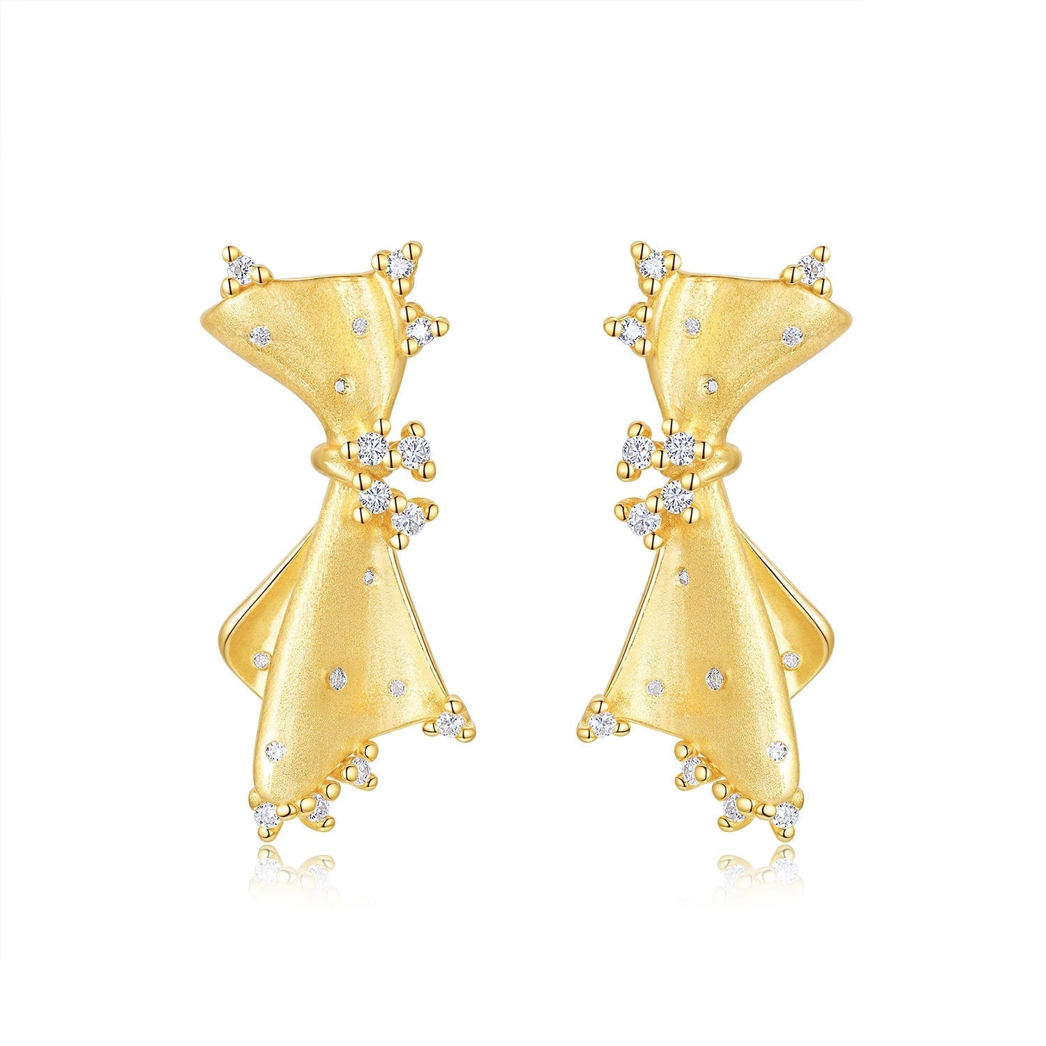 Bow Moissanite Stud Earrings | S925 Silver 18K Gold Plated | Italian Brushed Craft | 36 VVS1 Stones | GRA Certified | Charmsolo