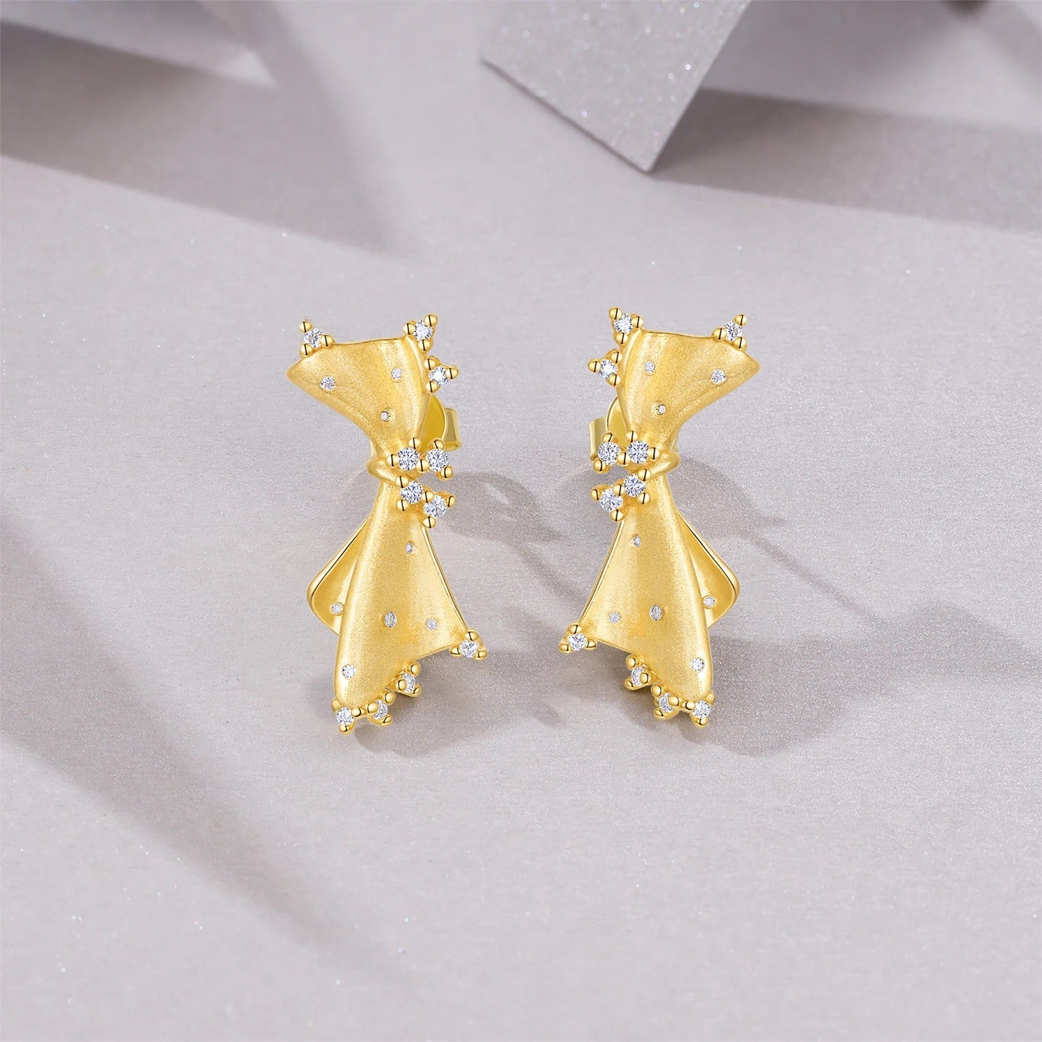Bow Moissanite Stud Earrings | S925 Silver 18K Gold Plated | Italian Brushed Craft | 36 VVS1 Stones | GRA Certified | Charmsolo