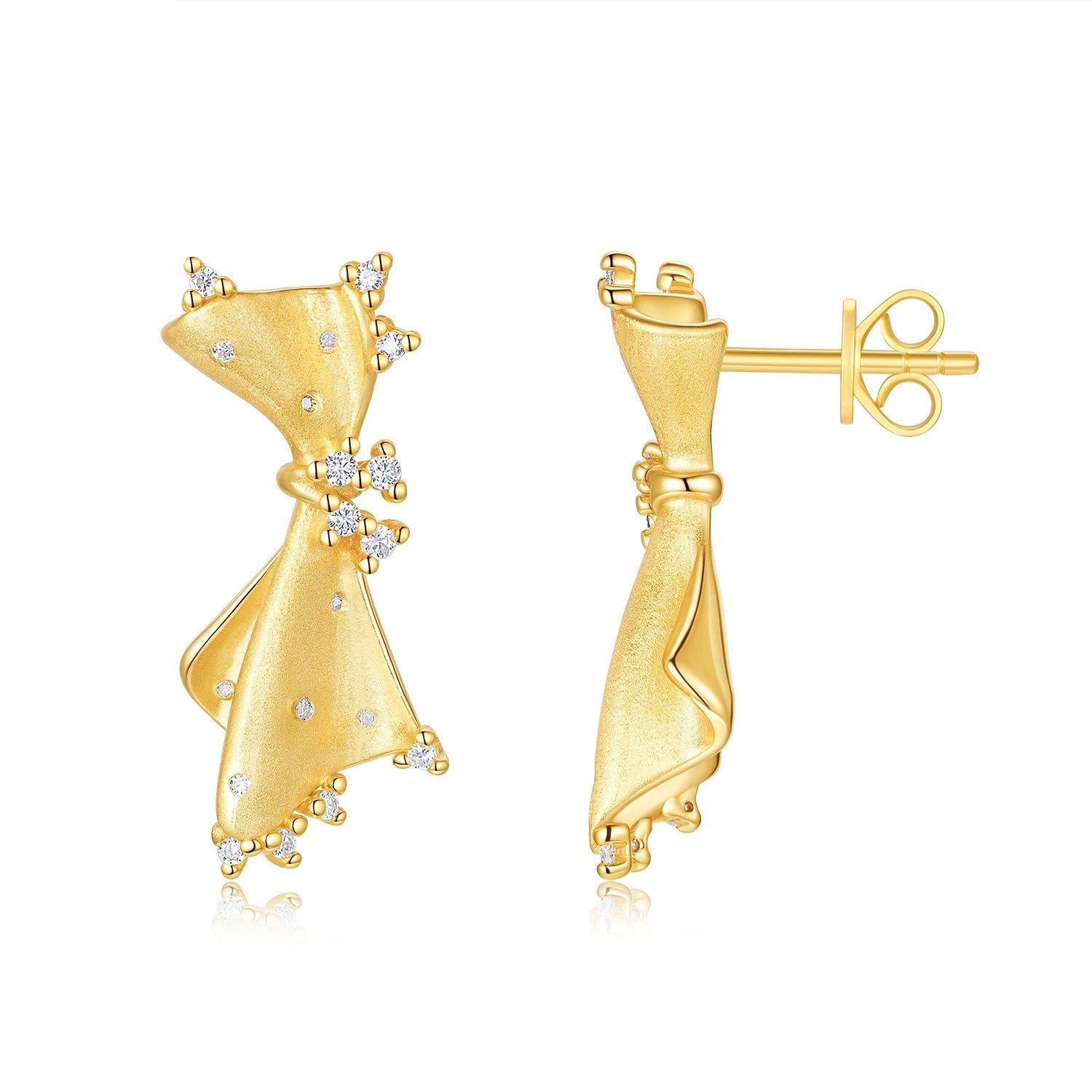 Bow Moissanite Stud Earrings | S925 Silver 18K Gold Plated | Italian Brushed Craft | 36 VVS1 Stones | GRA Certified | Charmsolo