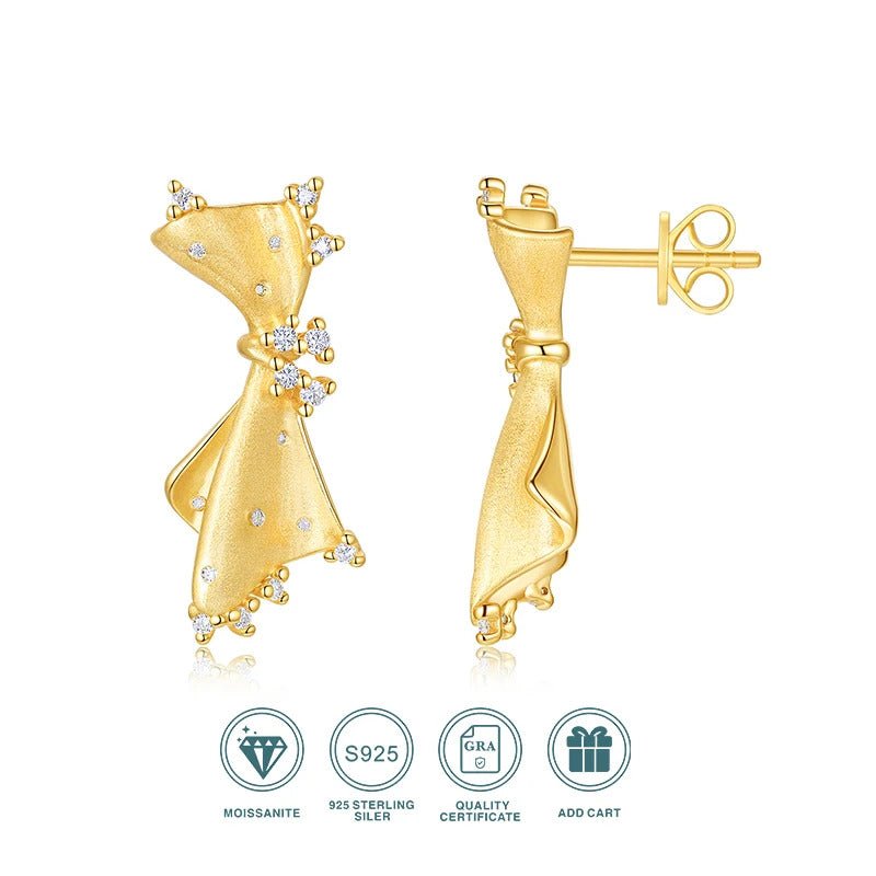 Bow Moissanite Stud Earrings | S925 Silver 18K Gold Plated | Italian Brushed Craft | 36 VVS1 Stones | GRA Certified | Charmsolo