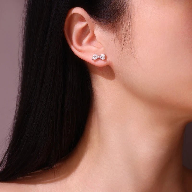 Bow Moissanite Stud Earrings | S925 Silver 18K White Gold Plated | Heart-Cut Eight Hearts & Arrows | Dual Certified | Charmsolo