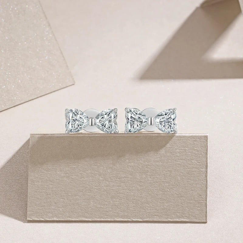 Bow Moissanite Stud Earrings | S925 Silver 18K White Gold Plated | Heart-Cut Eight Hearts & Arrows | Dual Certified | Charmsolo