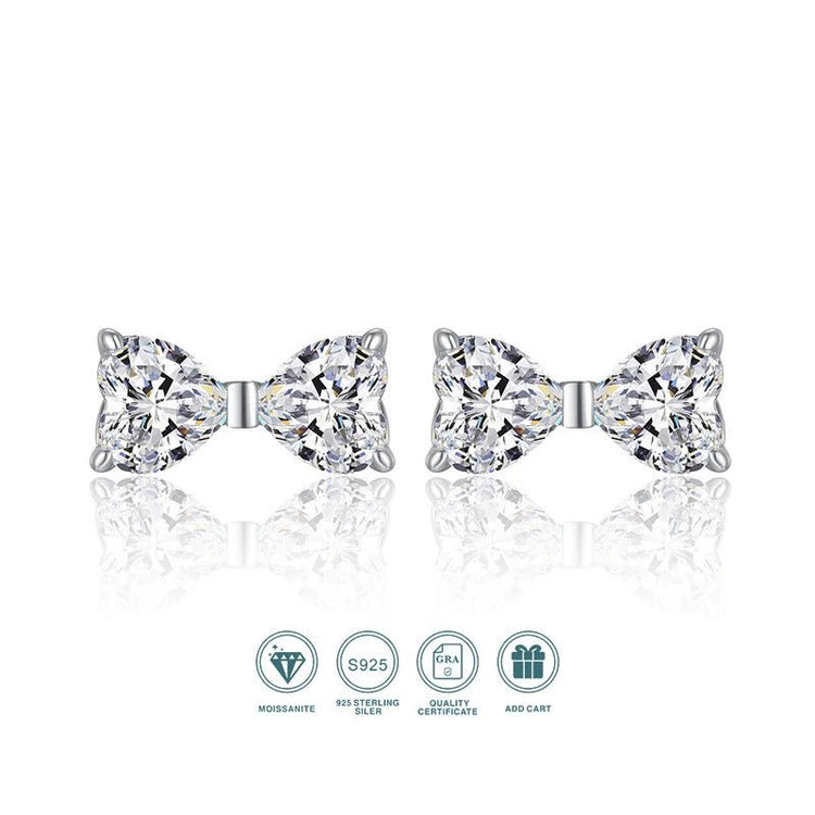 Bow Moissanite Stud Earrings | S925 Silver 18K White Gold Plated | Heart-Cut Eight Hearts & Arrows | Dual Certified | Charmsolo silver 925 Silver