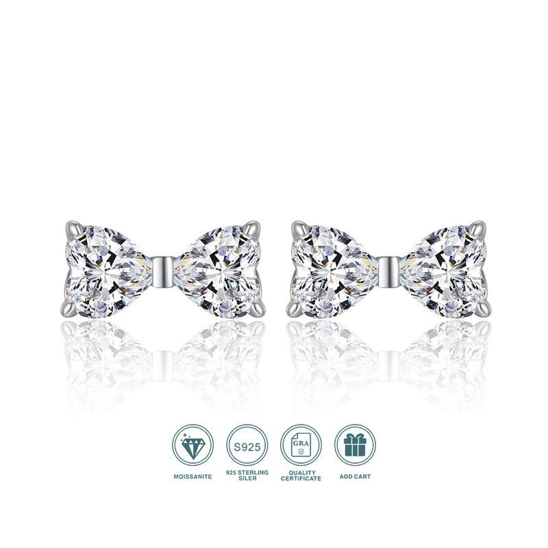 Bow Moissanite Stud Earrings | S925 Silver 18K White Gold Plated | Heart-Cut Eight Hearts & Arrows | Dual Certified | Charmsolo