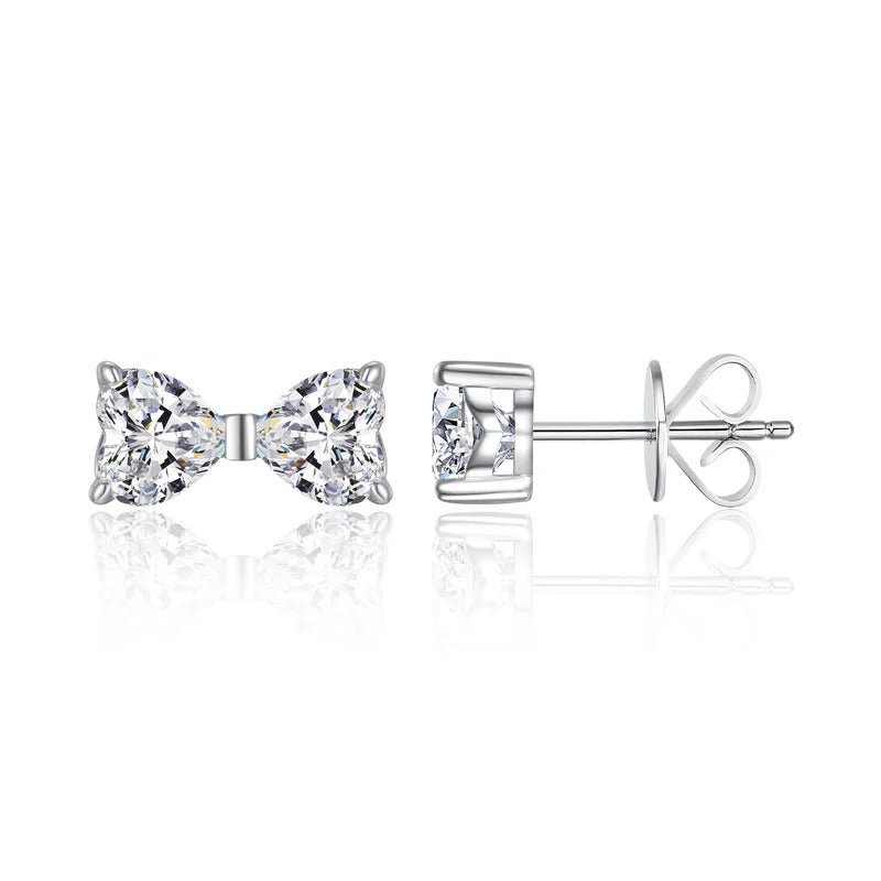 Bow Moissanite Stud Earrings | S925 Silver 18K White Gold Plated | Heart-Cut Eight Hearts & Arrows | Dual Certified | Charmsolo