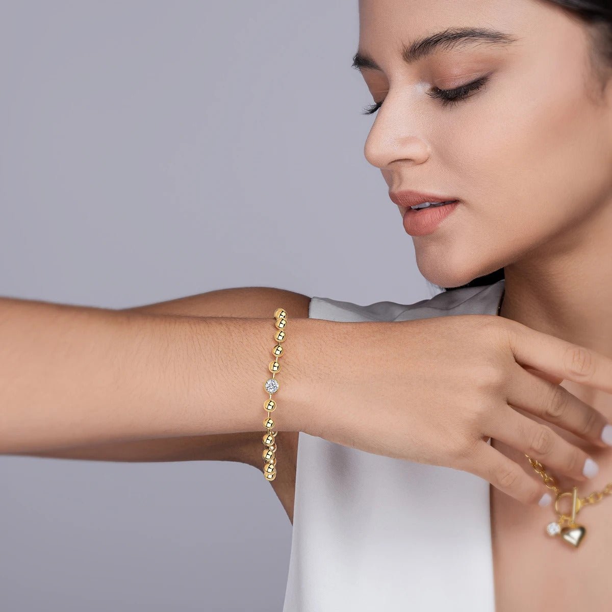 Charmsolo 1Ct Moissanite Charm Bracelet | S925 Silver 18K Gold Plated | VVS1 D Color 6.5mm Polished Beaded Hypoallergenic | L15128