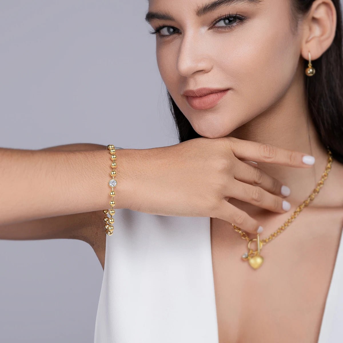 Charmsolo 1Ct Moissanite Charm Bracelet | S925 Silver 18K Gold Plated | VVS1 D Color 6.5mm Polished Beaded Hypoallergenic | L15128