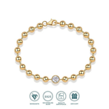 Charmsolo 1Ct Moissanite Charm Bracelet | S925 Silver 18K Gold Plated | VVS1 D Color 6.5mm Polished Beaded Hypoallergenic | L15128