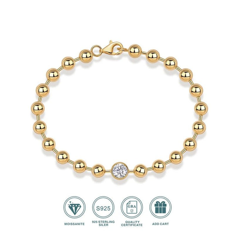 Charmsolo 1Ct Moissanite Charm Bracelet | S925 Silver 18K Gold Plated | VVS1 D Color 6.5mm Polished Beaded Hypoallergenic | L15128