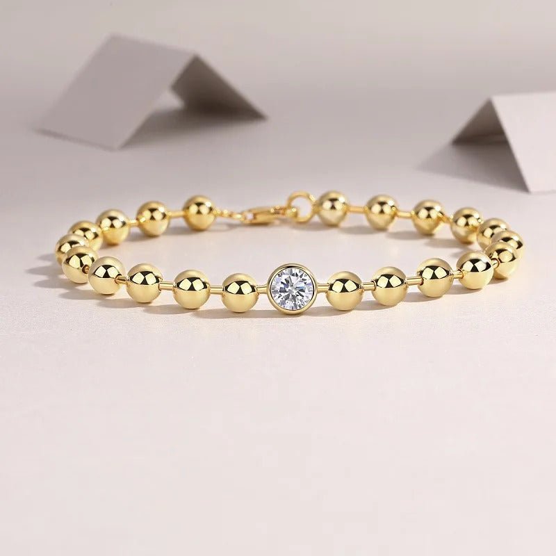 Charmsolo 1Ct Moissanite Charm Bracelet | S925 Silver 18K Gold Plated | VVS1 D Color 6.5mm Polished Beaded Hypoallergenic | L15128