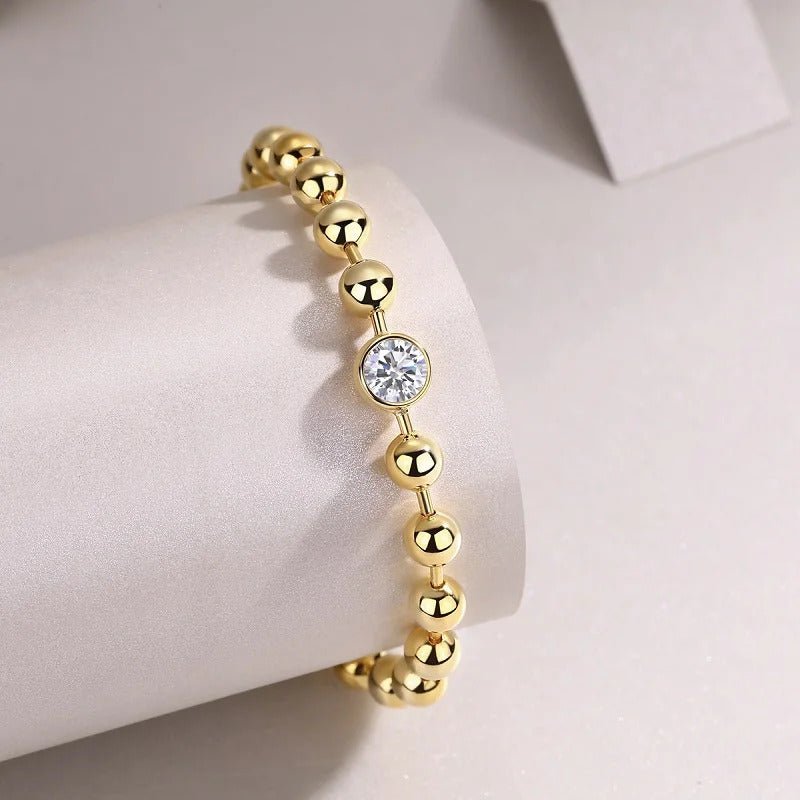 Charmsolo 1Ct Moissanite Charm Bracelet | S925 Silver 18K Gold Plated | VVS1 D Color 6.5mm Polished Beaded Hypoallergenic | L15128