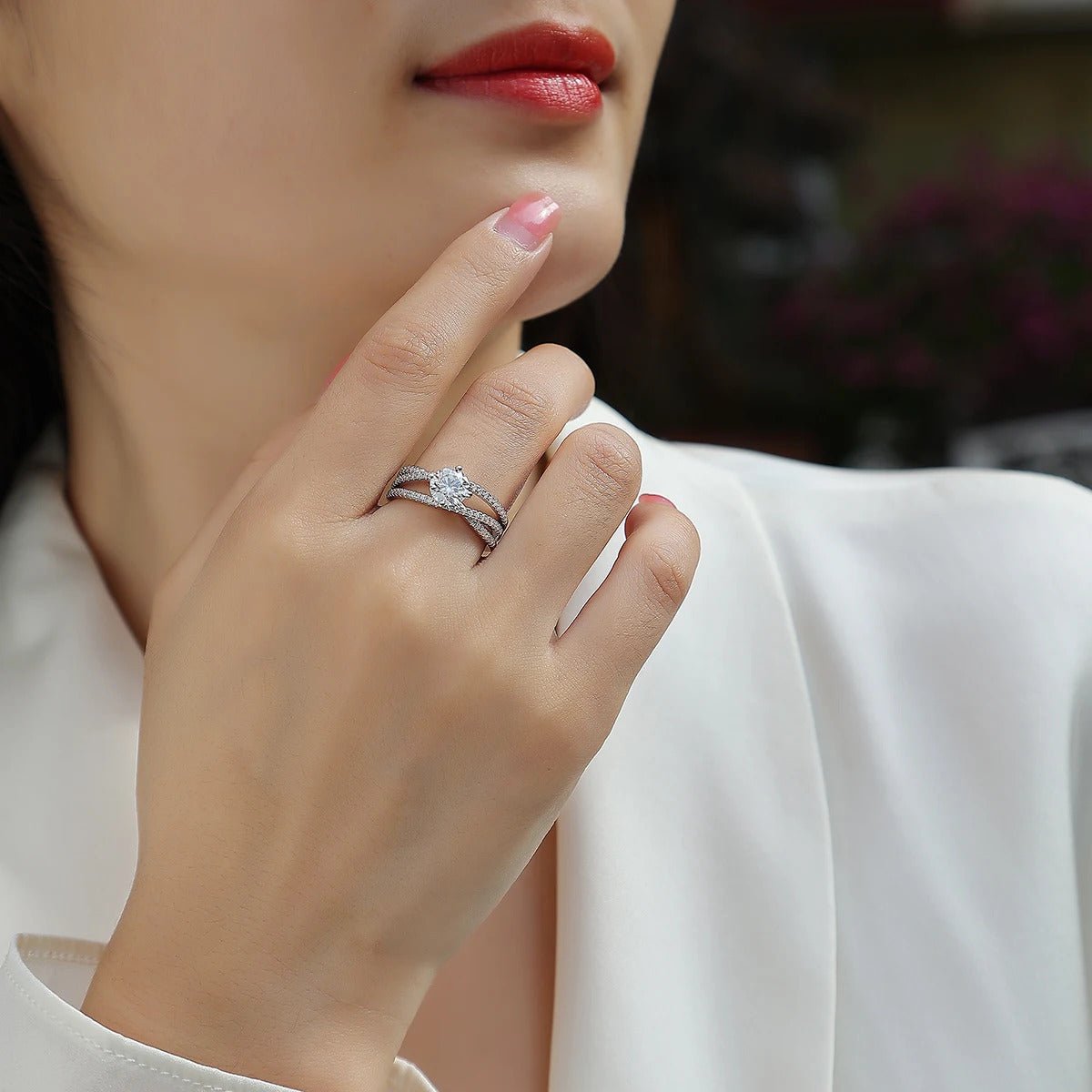 Charmsolo 1Ct Moissanite Crown Ring | S925 Silver 18K White Gold Plated | VVS1 D Color Twisted Split Band GRA Certified | R13235