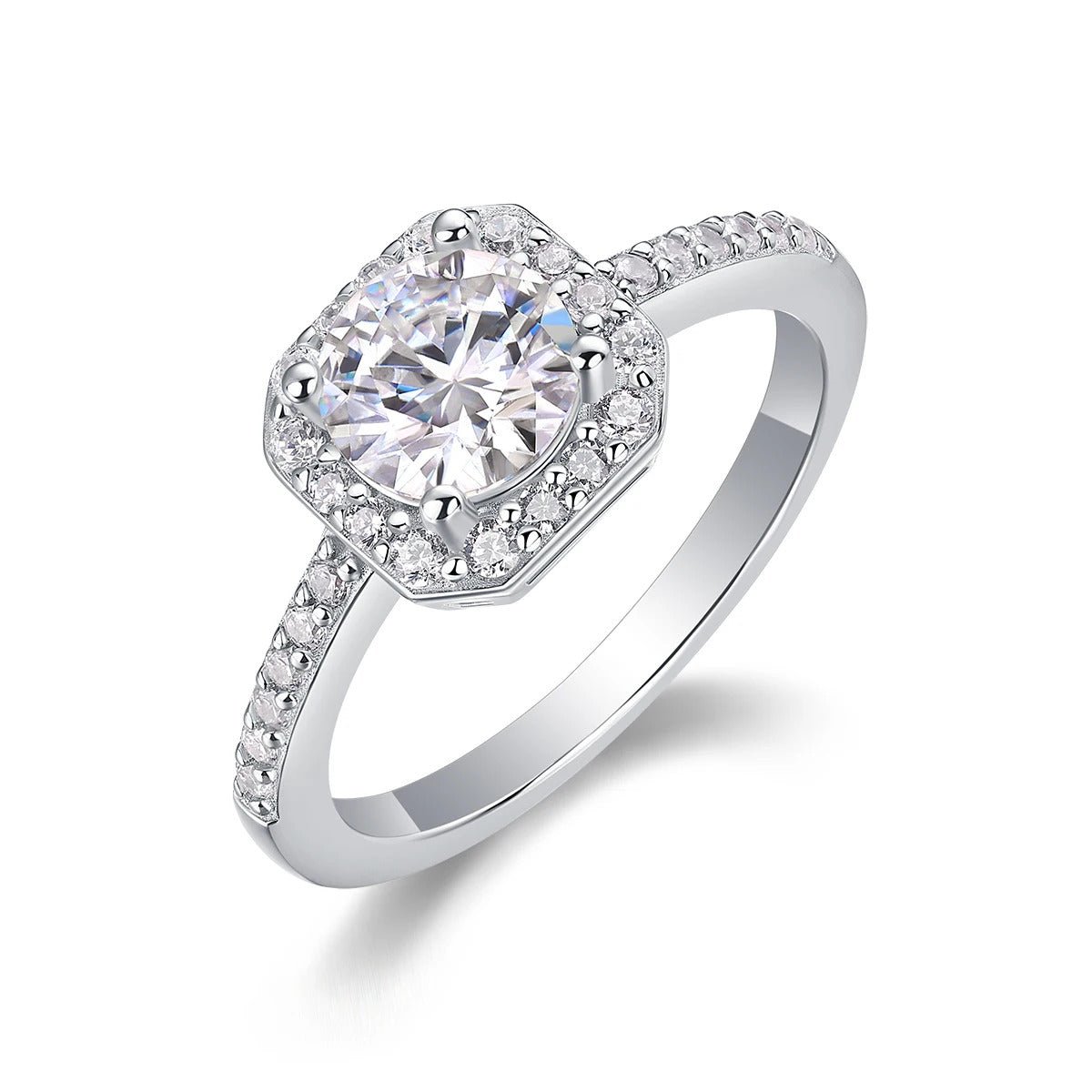 Charmsolo 1ct Moissanite Engagement Ring | Octagon Halo Pavé Band | S925 Silver 18K White Gold Plated | Sugar Cube Cut