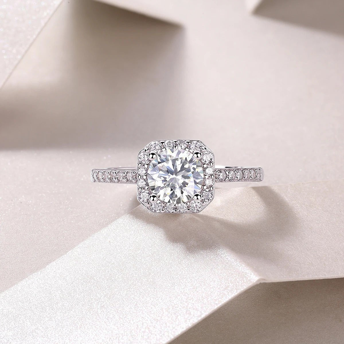 Charmsolo 1ct Moissanite Engagement Ring | Octagon Halo Pavé Band | S925 Silver 18K White Gold Plated | Sugar Cube Cut