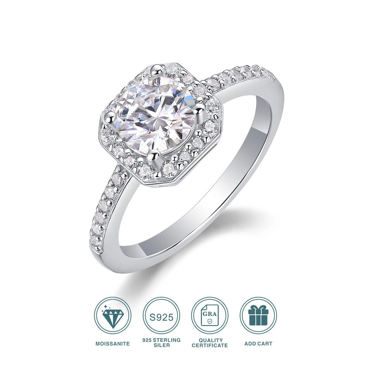 Charmsolo 1ct Moissanite Engagement Ring | Octagon Halo Pavé Band | S925 Silver 18K White Gold Plated | Sugar Cube Cut