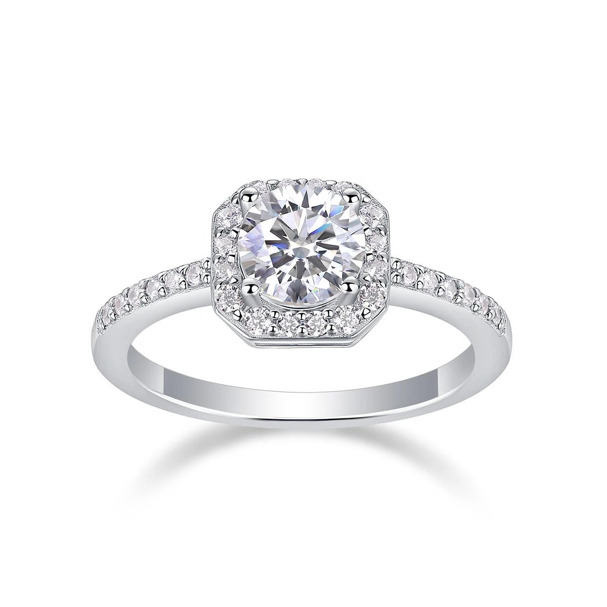 Charmsolo 1ct Moissanite Engagement Ring | Octagon Halo Pavé Band | S925 Silver 18K White Gold Plated | Sugar Cube Cut