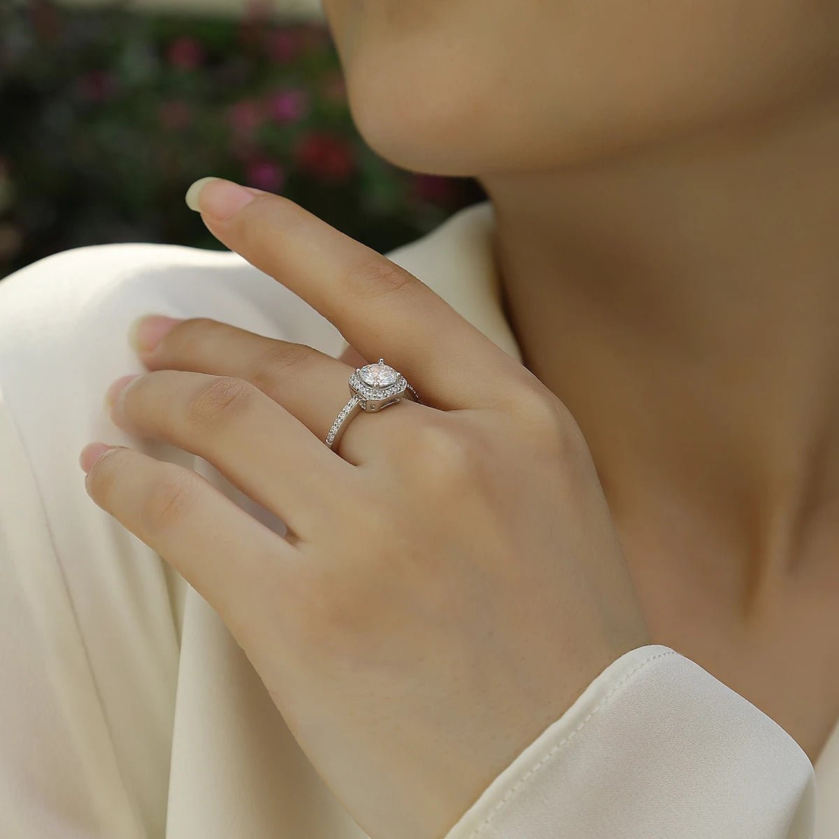 Charmsolo 1ct Moissanite Engagement Ring | Octagon Halo Pavé Band | S925 Silver 18K White Gold Plated | Sugar Cube Cut