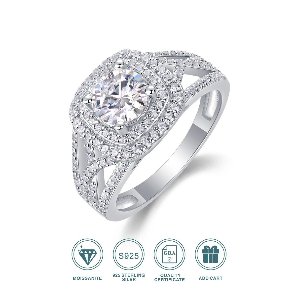 Charmsolo 1Ct Moissanite Halo Bridal Ring | S925 Silver 18K White Gold Plated | VVS1 D Color 125-Stone Intricate Design | R13378