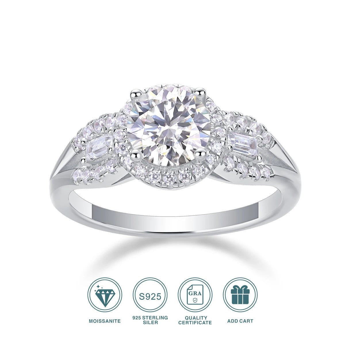 Charmsolo 1Ct Moissanite Halo Engagement Ring | S925 Silver 18K White Gold Plated | VVS1 D Color 8H8A Cut GRA Certified | R12984