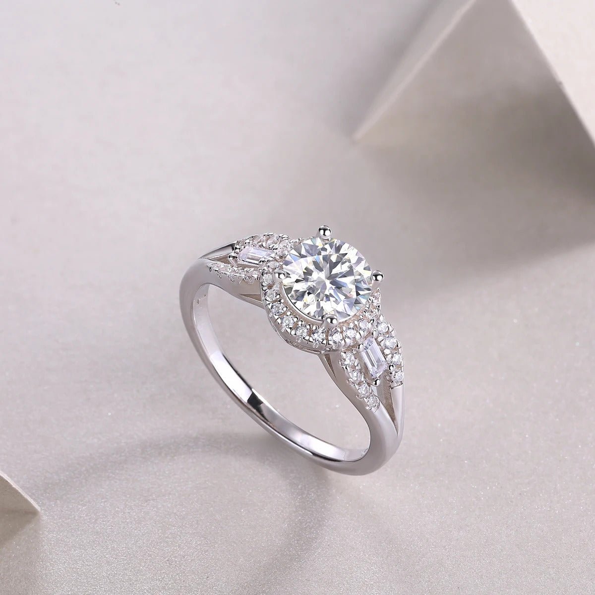 Charmsolo 1Ct Moissanite Halo Engagement Ring | S925 Silver 18K White Gold Plated | VVS1 D Color 8H8A Cut GRA Certified | R12984