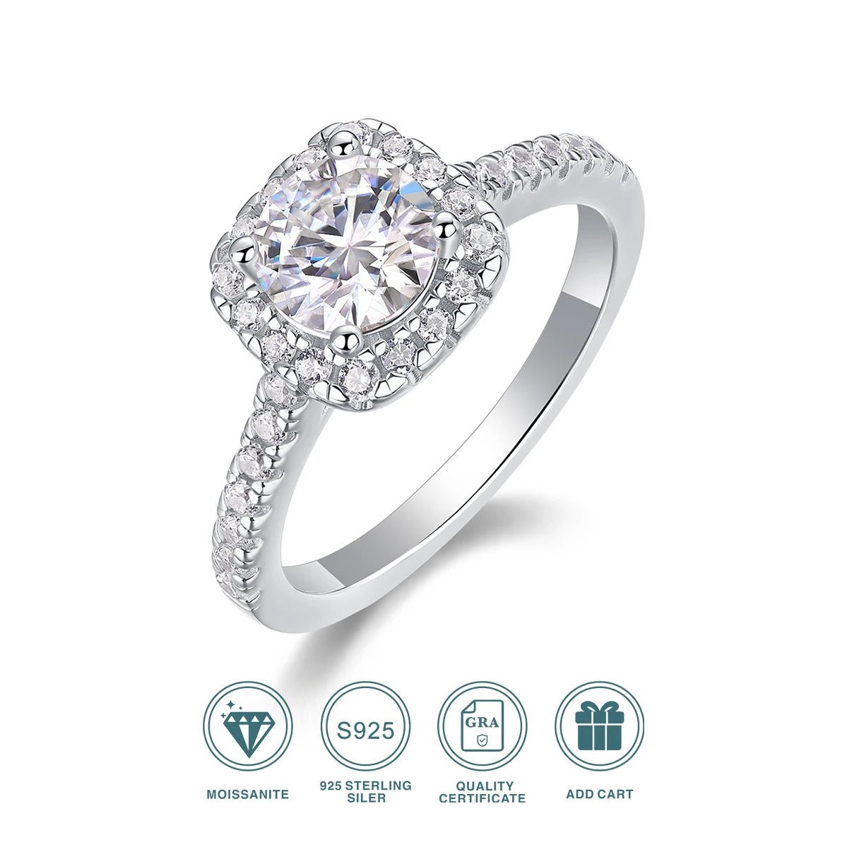 Charmsolo 1Ct Moissanite Halo Engagement Ring | S925 Silver 18K White Gold Plated | VVS1 D Color GRA Certified | R13151