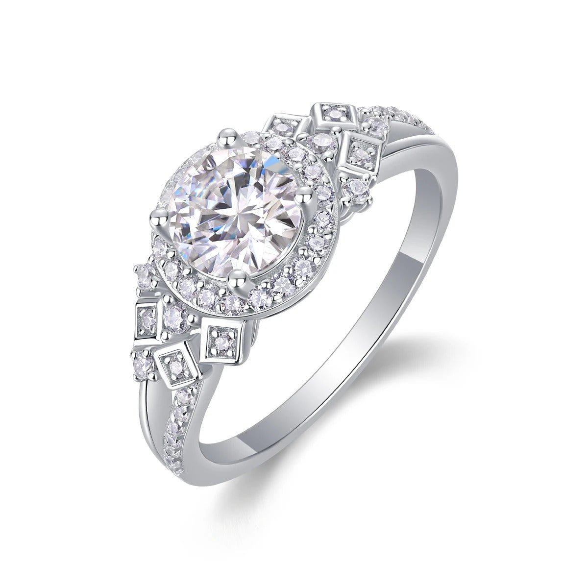 Charmsolo 1Ct Moissanite Halo Ring | S925 Silver 18K White Gold Plated | VVS1 D Color Geometric Vintage | R13327