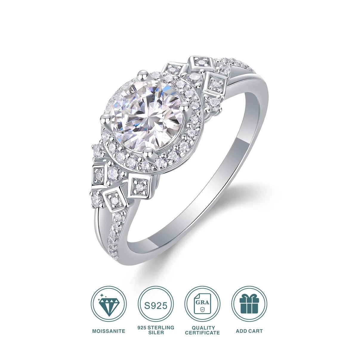 Charmsolo 1Ct Moissanite Halo Ring | S925 Silver 18K White Gold Plated | VVS1 D Color Geometric Vintage | R13327