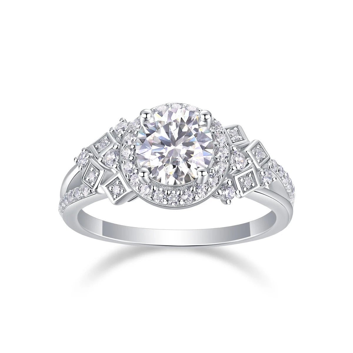 Charmsolo 1Ct Moissanite Halo Ring | S925 Silver 18K White Gold Plated | VVS1 D Color Geometric Vintage | R13327