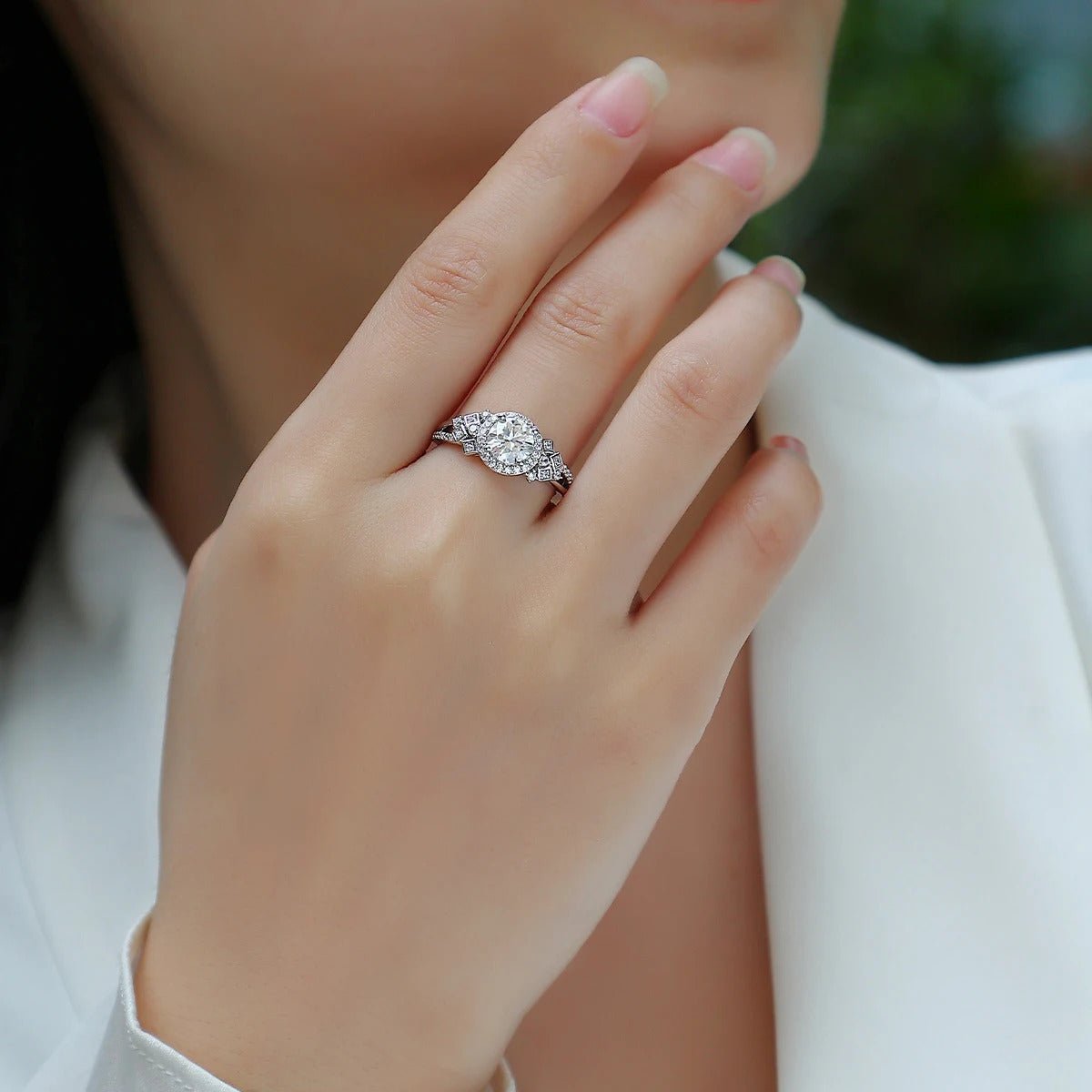 Charmsolo 1Ct Moissanite Halo Ring | S925 Silver 18K White Gold Plated | VVS1 D Color Geometric Vintage | R13327
