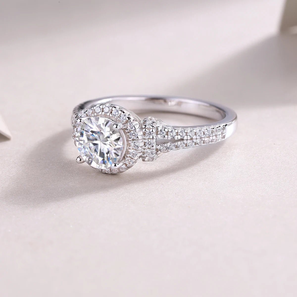 Charmsolo 1Ct Moissanite Meteor Shower Halo Ring | S925 Silver 18K White Gold Plated | VVS1 D Color GRA Certified | R13073