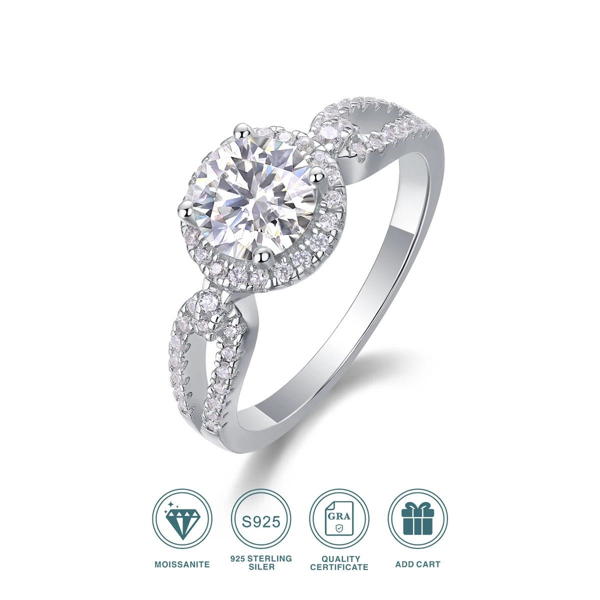 Charmsolo 1Ct Moissanite Zircon Halo Ring | S925 Silver 18K White Gold Plated | VVS1 D Color GRA Certified | R13049