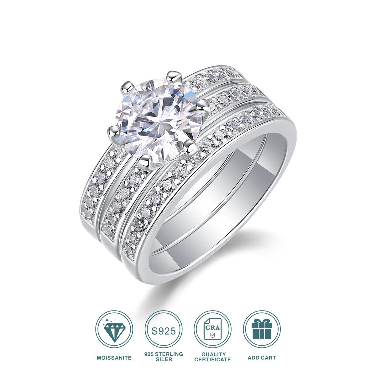 Charmsolo 2Ct Moissanite 3-Piece Bridal Ring Set | S925 Silver 18K White Gold | VVS1 D Color 8mm Tassel Pavé Stacking Wedding | R13096