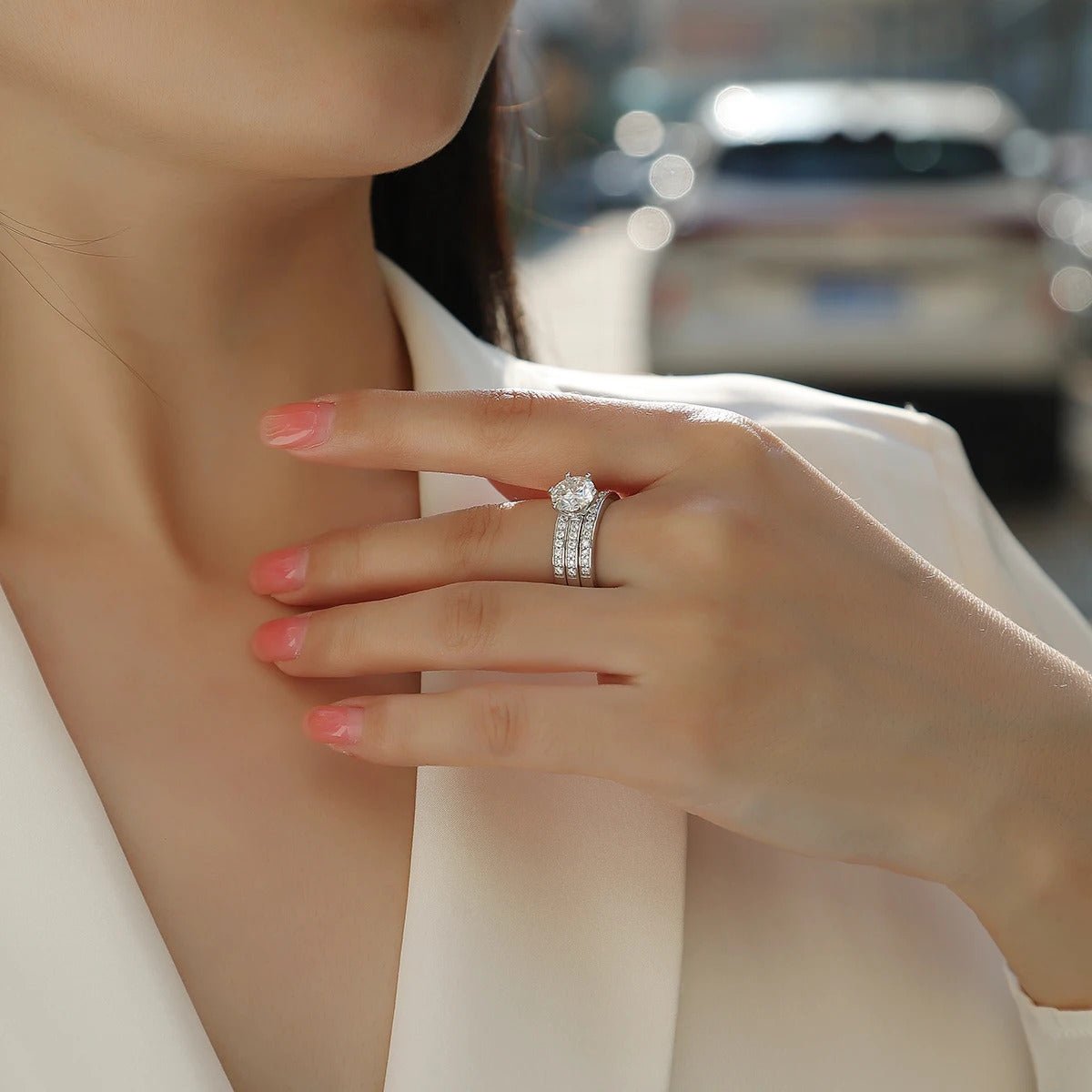 Charmsolo 2Ct Moissanite 3-Piece Bridal Ring Set | S925 Silver 18K White Gold | VVS1 D Color 8mm Tassel Pavé Stacking Wedding | R13096