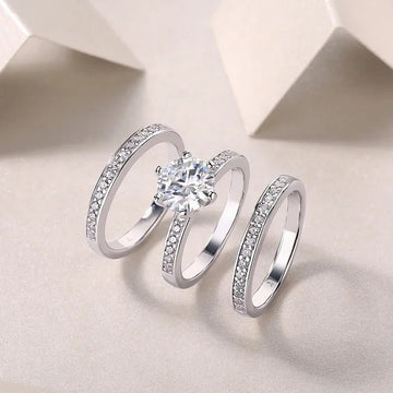 Charmsolo 2Ct Moissanite 3-Piece Bridal Ring Set | S925 Silver 18K White Gold | VVS1 D Color 8mm Tassel Pavé Stacking Wedding | R13096