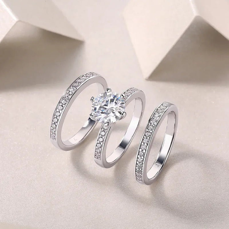 Charmsolo 2Ct Moissanite 3-Piece Bridal Ring Set | S925 Silver 18K White Gold | VVS1 D Color 8mm Tassel Pavé Stacking Wedding | R13096