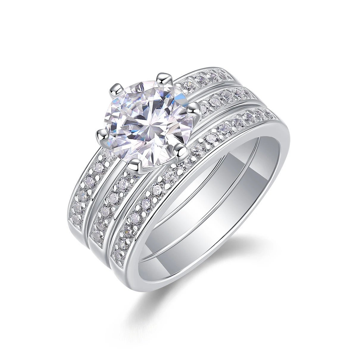 Charmsolo 2Ct Moissanite 3-Piece Bridal Ring Set | S925 Silver 18K White Gold | VVS1 D Color 8mm Tassel Pavé Stacking Wedding | R13096