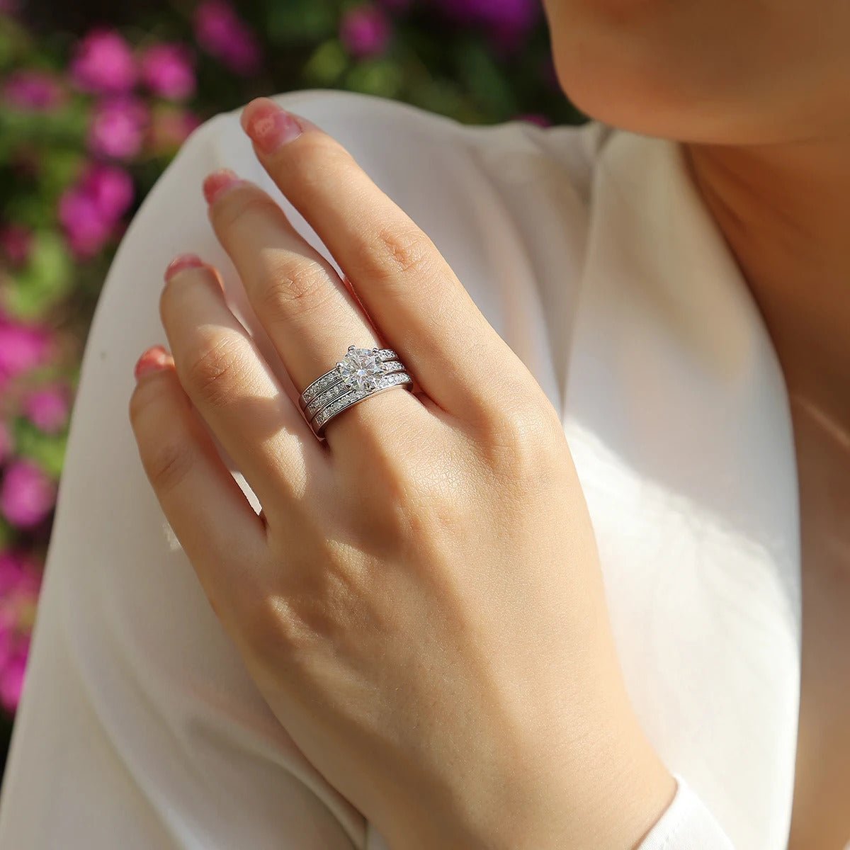 Charmsolo 2Ct Moissanite 3-Piece Bridal Ring Set | S925 Silver 18K White Gold | VVS1 D Color 8mm Tassel Pavé Stacking Wedding | R13096